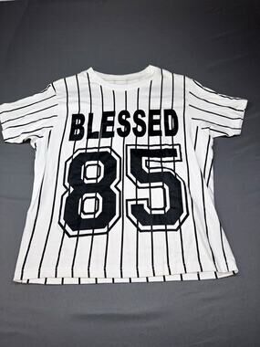 On Fire Women’s Large Blessed 85 Pinstripe White/Black Crew Neck